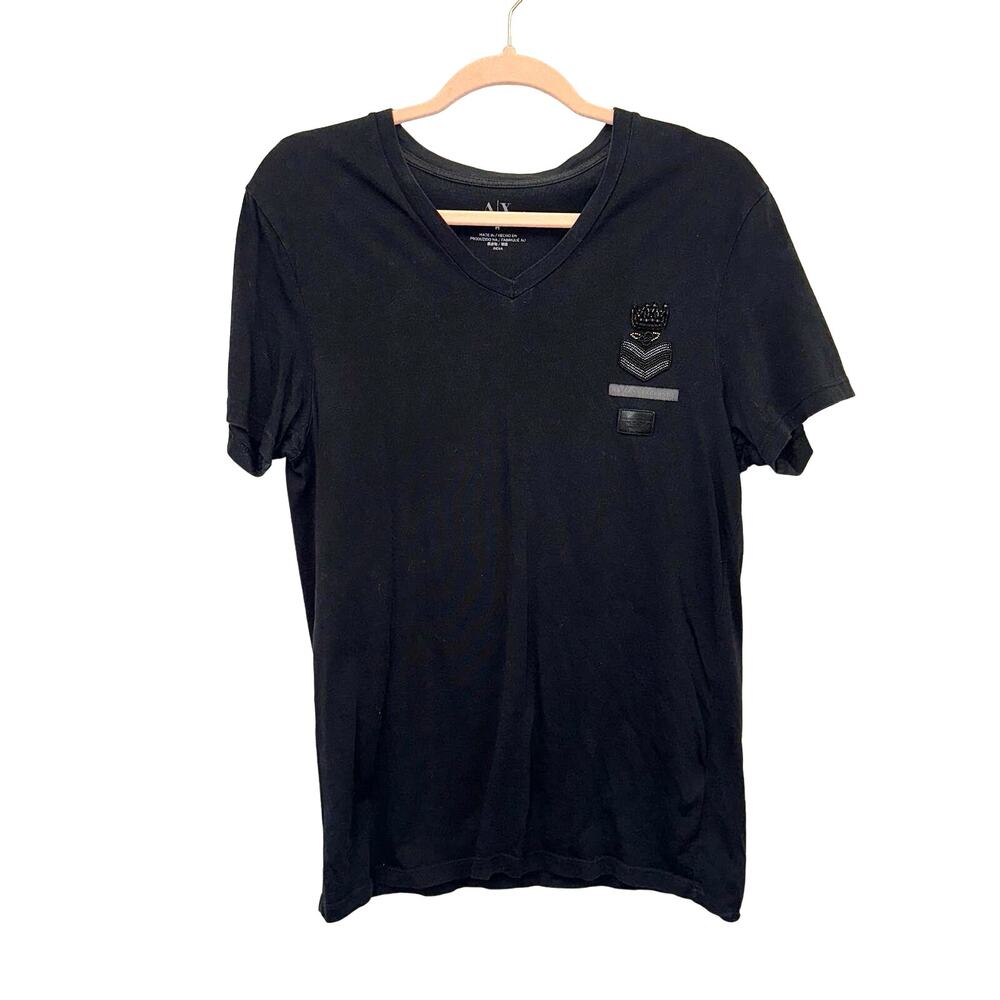 Armani Exchange Beaded Tee Medium Black V Neck Embellished Shirt